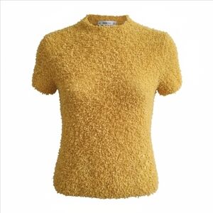 ZARA Knit Fuzzy Eyelash Short Sleeve Mock Neck Top Sweater - Mustard Yellow